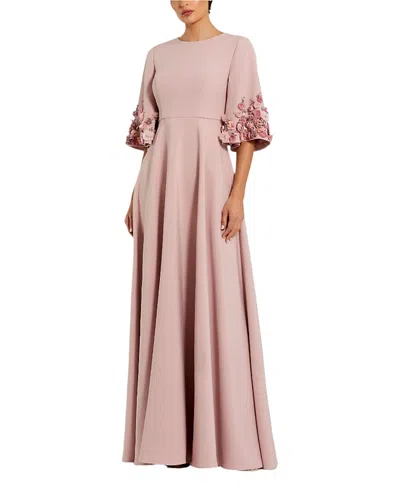 Mac Duggal Satin Elbow Sleeve Gown With Flower Trim In Pink
