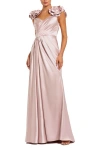 Mac Duggal Satin Faux Wrap Gown With 3d Flower Straps In Pink