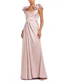 Mac Duggal Satin Faux Wrap Gown With 3d Flower Straps In Pink