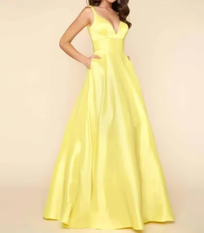 Mac Duggal Satin Fit And Flare Prom Dress In Lemon In Yellow