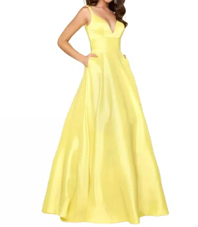 Mac Duggal Satin Fit And Flare Prom Dress In Lemon In Yellow