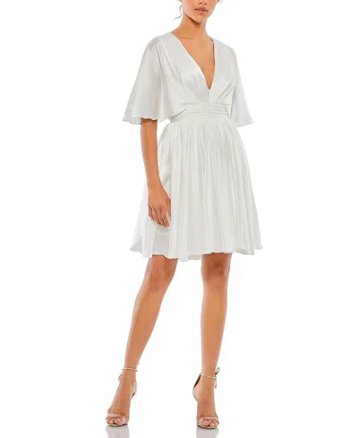 Mac Duggal Satin Flowy Cape Sleeve Mini Dress In White
