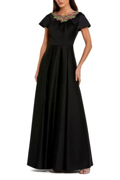 Mac Duggal Satin Flutter Sleeve Beaded Neckline Gown In Black
