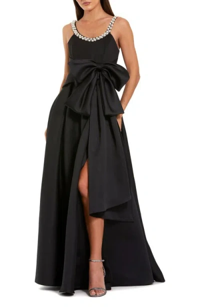 Mac Duggal Satin Gown With Pearl Neckline And Bow Detail In Black