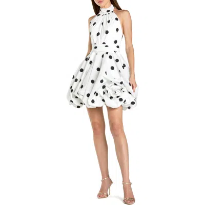 Mac Duggal Satin Halter Neck Sleeveless Bubble Hem Mini Dress In White