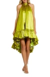 Mac Duggal Keyhole High Neck Satin Ruffle Hem Mini Dress In Apple Green