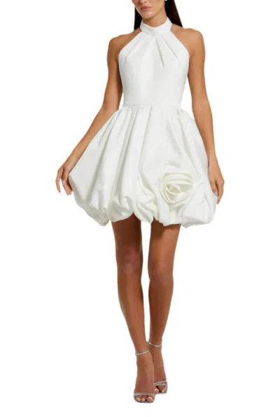 Mac Duggal Satin High Neck Sleeveless Bubble Hem Mini Dress In Ivory