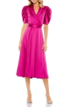 Mac Duggal Satin Lapel Puff Sleeve Tea Length Dress In Pink