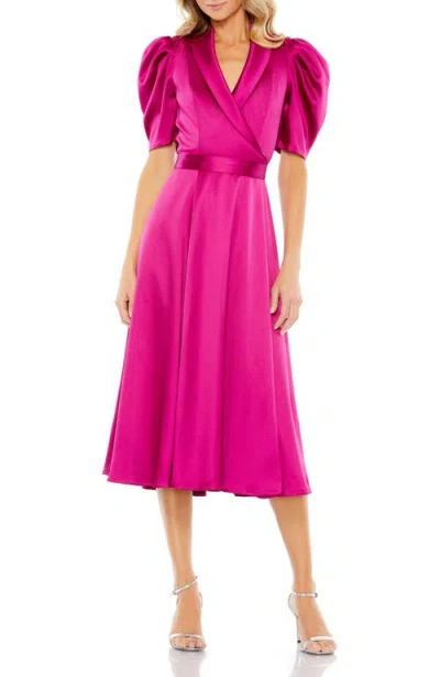 Mac Duggal Satin Lapel Puff Sleeve Tea Length Dress In Pink