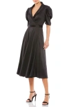 Mac Duggal Satin Lapel Puff Sleeve Tea Length Dress In Black