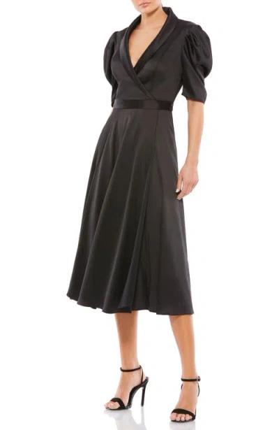 Mac Duggal Satin Lapel Puff Sleeve Tea Length Dress In Black