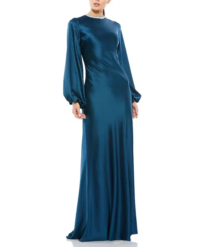Mac Duggal Satin Long Blouson Sleeve Evening Gown In Blue