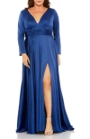 Mac Duggal Satin Long Sleeve V Neck A Line Gown In Midnight