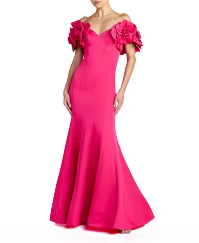Mac Duggal Satin Off The Shoulder Floral Detail Trumpet Gown In Pink
