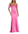 Mac Duggal Off The Shoulder Statement Bow Satin Mermaid Gown In Pink