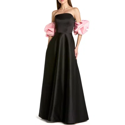 Mac Duggal Satin Off The Shoulder Puff Sleeve Ball Gown In Black