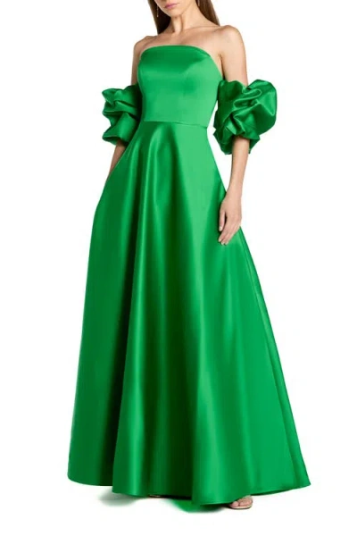 Mac Duggal Satin Off The Shoulder Puff Sleeve Ballgown In Green