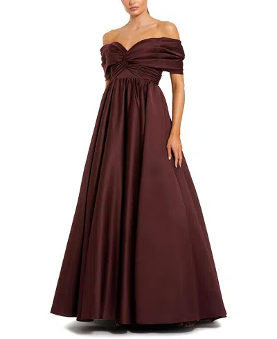 Mac Duggal Satin Off The Shoulder Twist Evening Ballgown In Burgundy