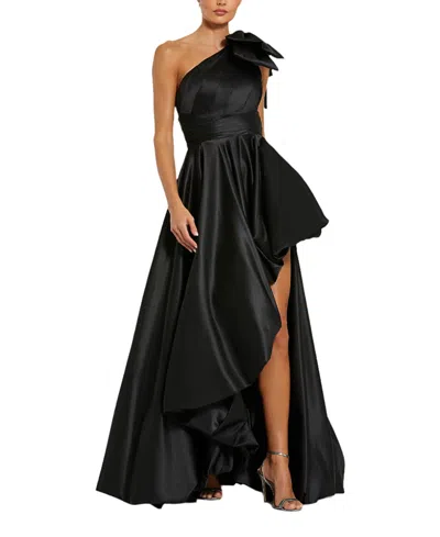 Mac Duggal Satin One Shoulder Bow Gown In Black
