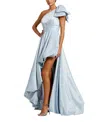 Mac Duggal Satin One Shoulder Bow Gown In Ice Blue