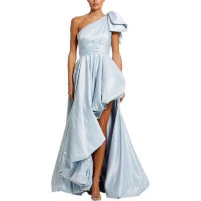 Mac Duggal Satin One Shoulder Bow Gown In Ice Blue