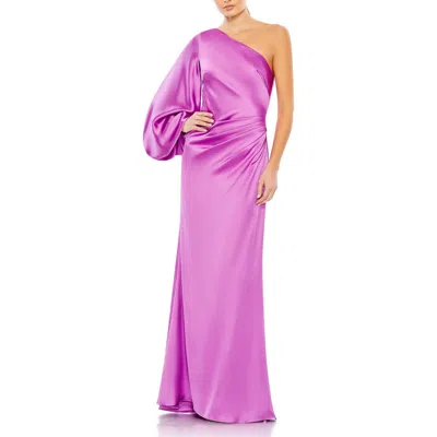 Mac Duggal Satin One Shoulder Puff Sleeve Gown In Orchid