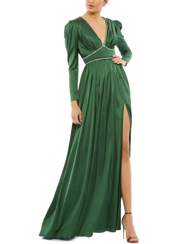 Mac Duggal Satin Puff Shoulder Rhinestone-encrusted Gown In Green