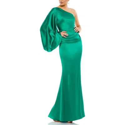 Mac Duggal Satin Puff Sleeve Evening Gown In Emerald