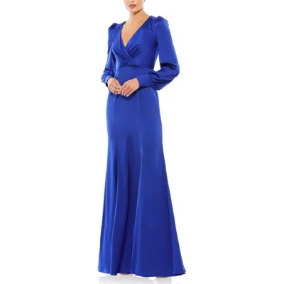 Mac Duggal Satin Ruched Bishop Sleeve Gown