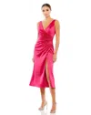 Mac Duggal Satin Ruched V Neck Faux Wrap Midi Dress In Multi