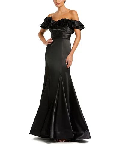 Mac Duggal Satin Ruffle Detail Off The Shoulder Mermaid Gown In Black