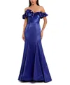 Mac Duggal Satin Ruffle Detail Off The Shoulder Mermaid Gown In Cobalt