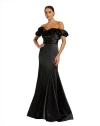 Mac Duggal Satin Ruffle Detail Off The Shoulder Mermaid Gown In Black
