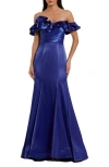 Mac Duggal Satin Ruffle Detail Off The Shoulder Mermaid Gown In Blue