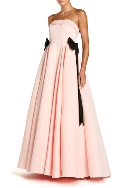 Mac Duggal Satin Strapless Ball Gown With Bow Details In Pink