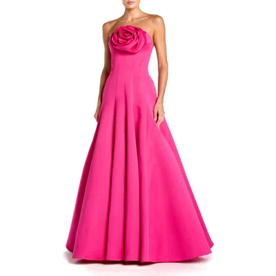 Mac Duggal Satin Strapless Ballgown With 3d Flower Detail In Pink