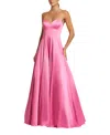 Mac Duggal Satin Strapless Ballgown With Bow Details In Pink