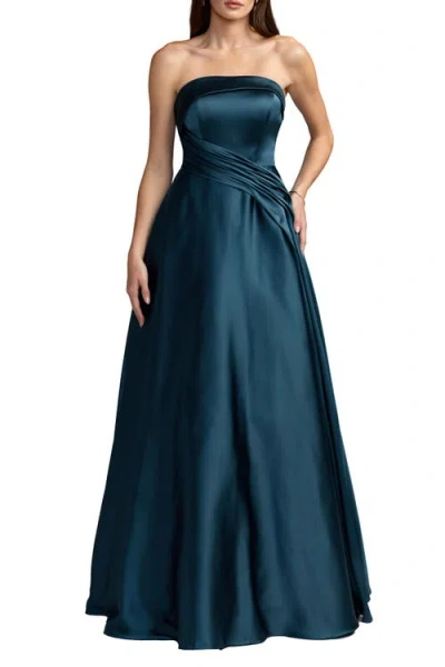 Mac Duggal Satin Strapless Ballgown With Pockets In Blue
