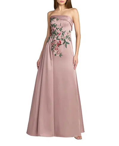 Mac Duggal Satin Strapless Beaded Floral Gown With Float In Pink