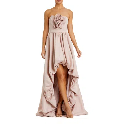 Mac Duggal Satin Strapless Bubble High Low Gown With Roses In Pink
