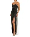 Mac Duggal Satin Strapless Bustier Gown With Oversized Bow In Black Ivory