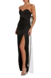 Mac Duggal Satin Strapless Bustier Gown With Oversized Bow In Black Ivory