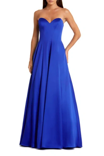 Mac Duggal Satin Sweetheart Strapless Bow Detail Ballgown In Blue