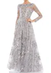 Mac Duggal Floral Rhinestone Embroidered Sweetheart Illusion Long Sleeve Gown In Silver