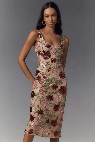 Mac Duggal Scoop-neck Floral Beaded Mesh Midi Dress In Multicolor