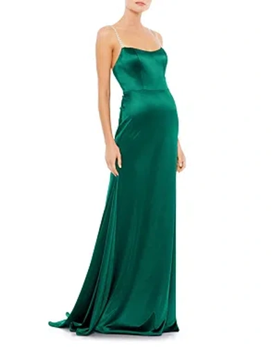 Mac Duggal Ieena Crystal-strap Satin Gown In Emerald