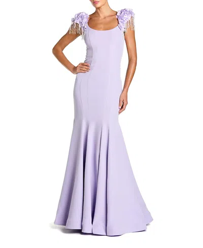 Mac Duggal Scoop Neck Mermaid Gown With Embellished Sleeves In Purple