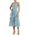 Mac Duggal Scoop Neck Sleeveless Mesh Micro Ruffle Midi Dress