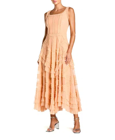 Mac Duggal Scoop Neck Sleeveless Mesh Micro Ruffle Midi Dress In Orange