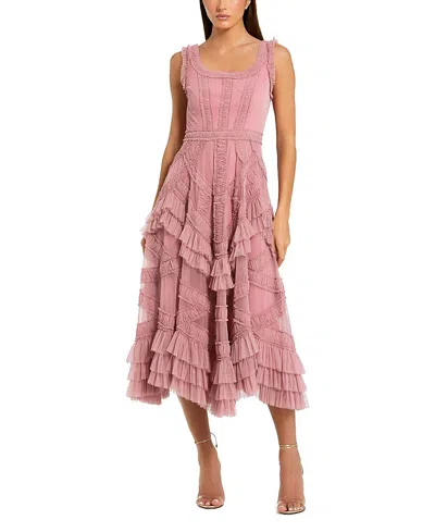 Mac Duggal Scoop Neck Sleeveless Mesh Micro Ruffle Midi Dress In Pink